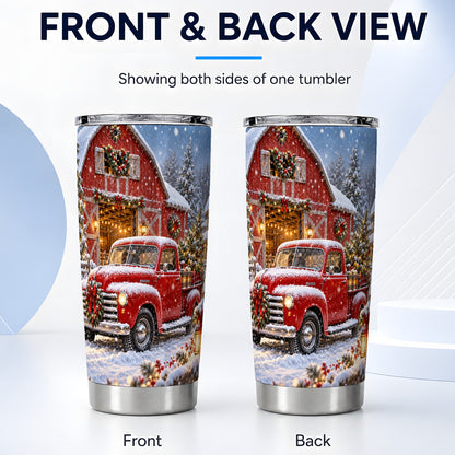 #pl[20oz|Steel] Christmas Red Truck Tumbler 20oz, Snowy Barn Stainless Steel Travel Cup