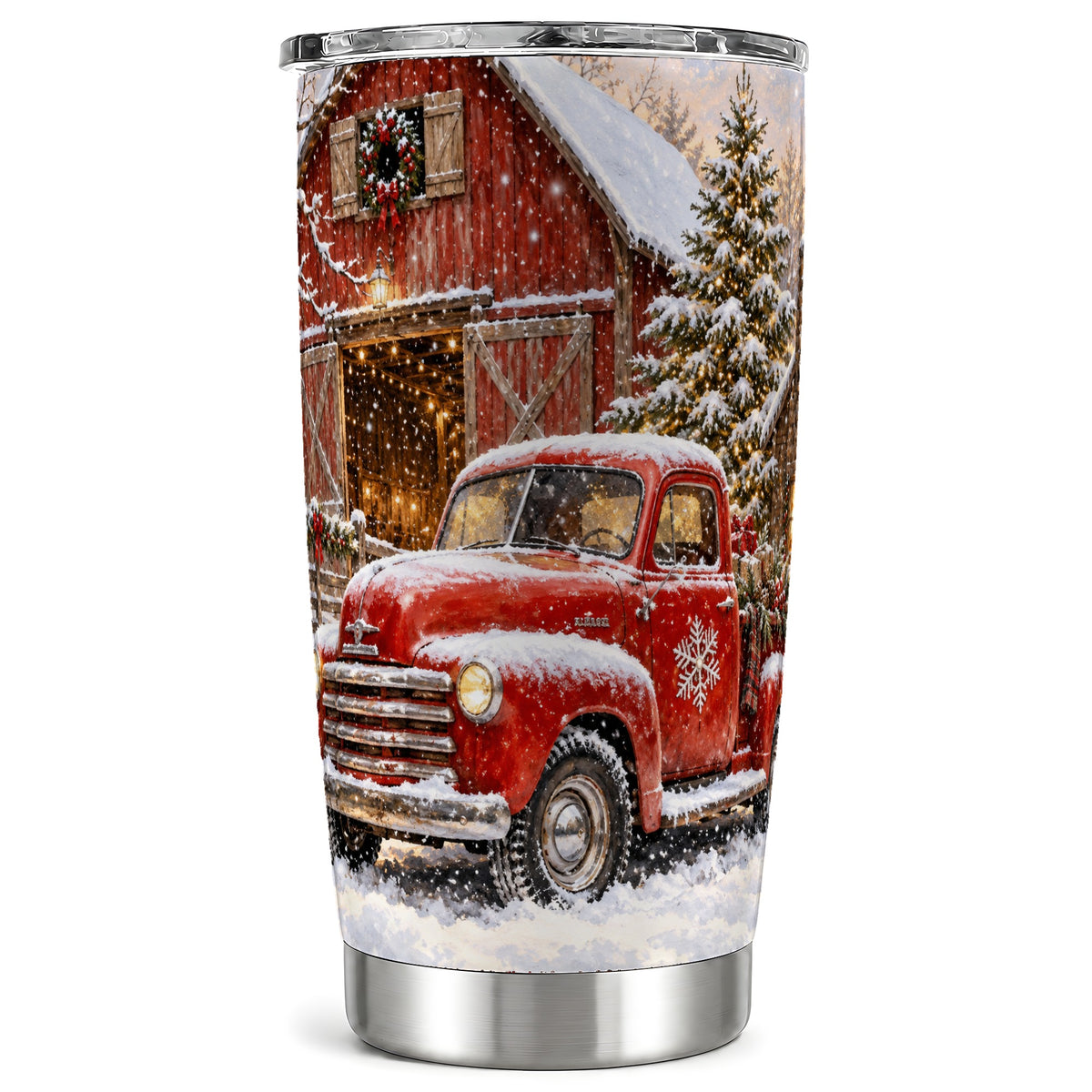 Classic Red Truck Tumbler 20oz, Snowy Farmhouse Stainless Steel Travel Cup