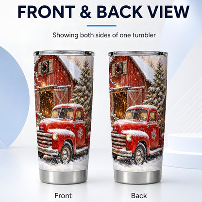 #pl[20oz|Steel] Classic Red Truck Tumbler 20oz, Snowy Farmhouse Stainless Steel Travel Cup