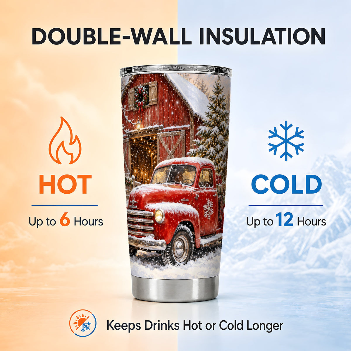Classic Red Truck Tumbler 20oz, Snowy Farmhouse Stainless Steel Travel Cup