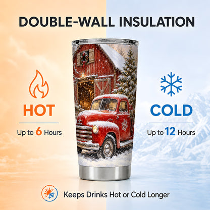 Classic Red Truck Tumbler 20oz, Snowy Farmhouse Stainless Steel Travel Cup