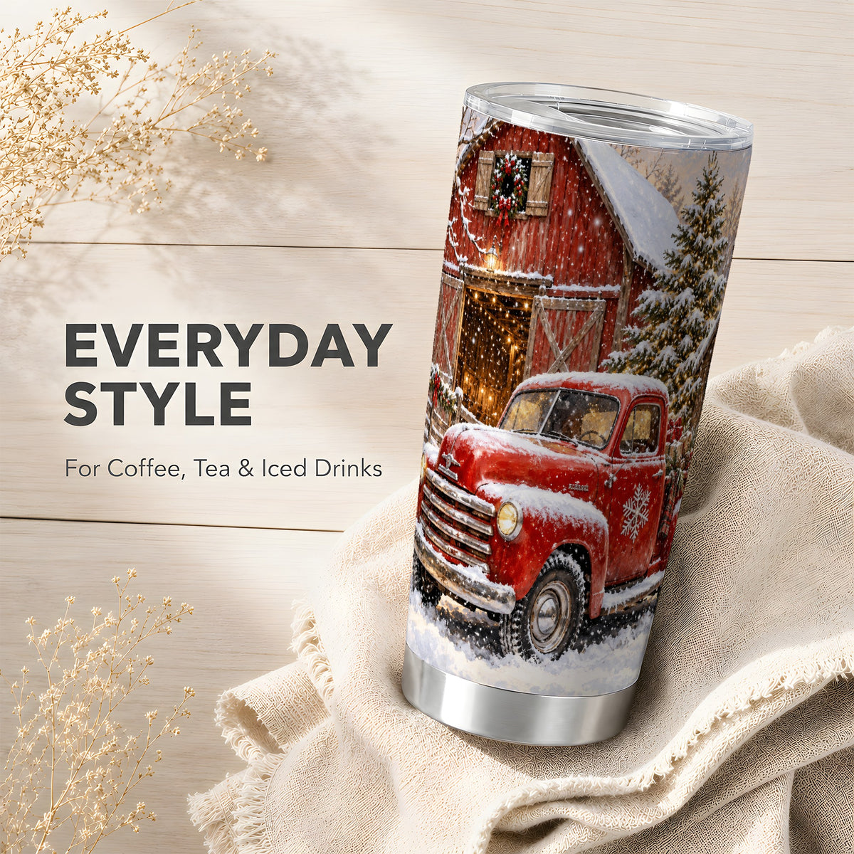 Classic Red Truck Tumbler 20oz, Snowy Farmhouse Stainless Steel Travel Cup