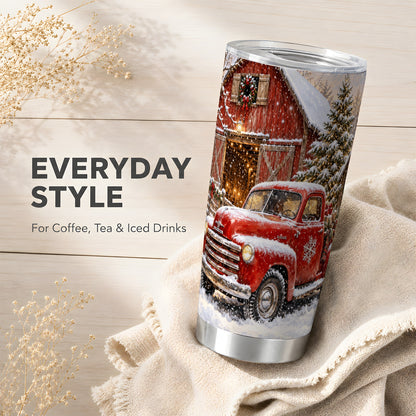Classic Red Truck Tumbler 20oz, Snowy Farmhouse Stainless Steel Travel Cup