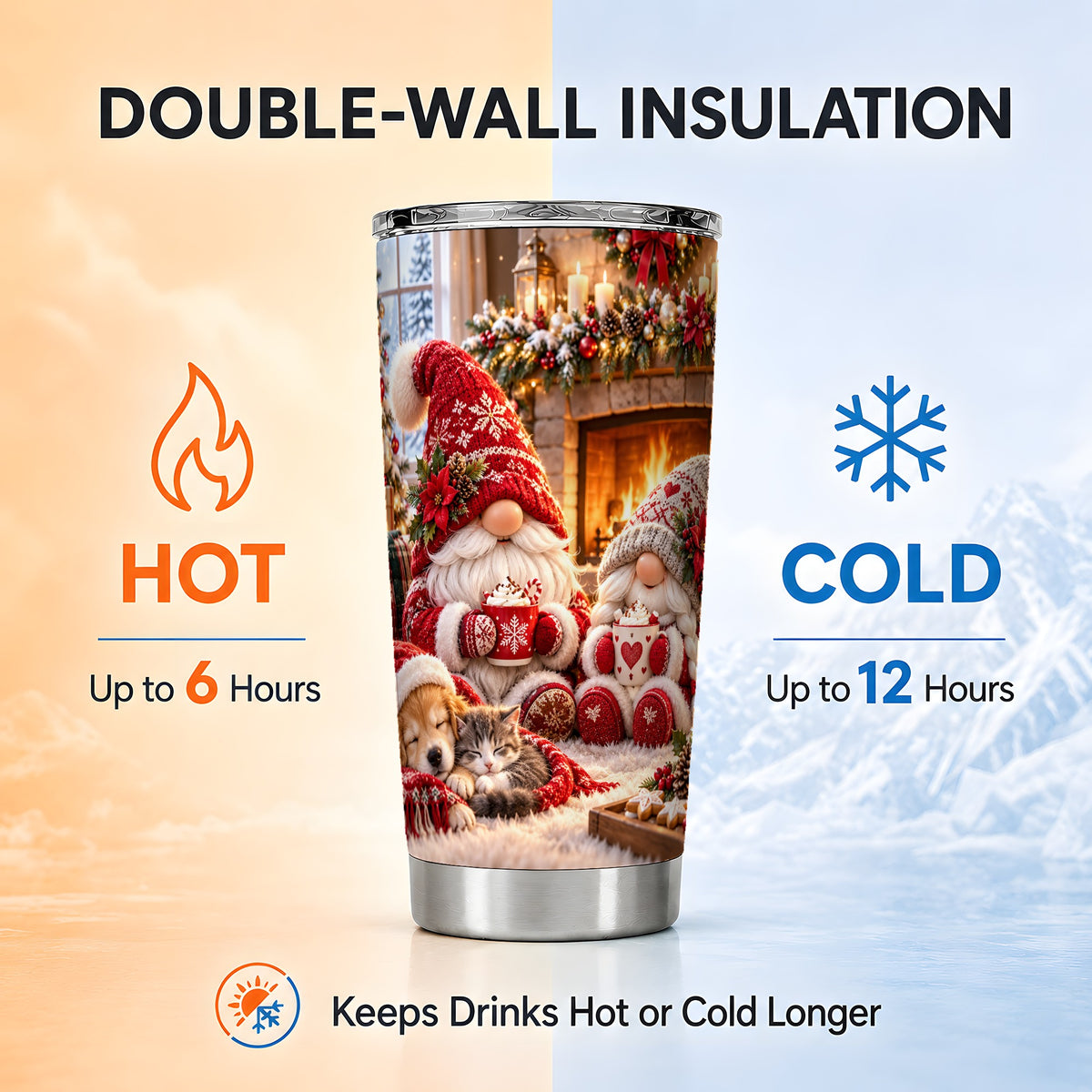 Cozy Christmas Gnome Tumbler 20oz, Fireplace Stainless Steel Travel Cup