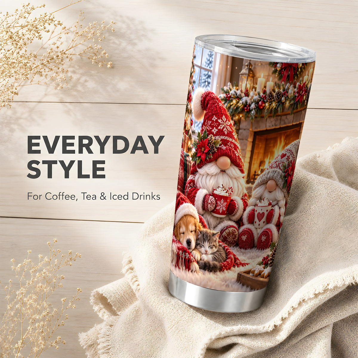 Cozy Christmas Gnome Tumbler 20oz, Fireplace Stainless Steel Travel Cup