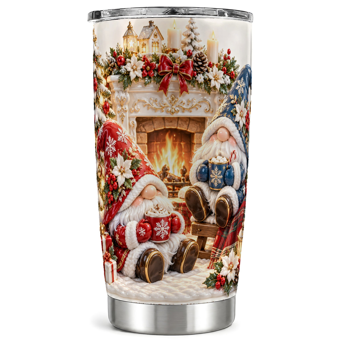 Christmas Gnome Tumbler 20oz, Holiday Fireplace Stainless Steel Travel Cup