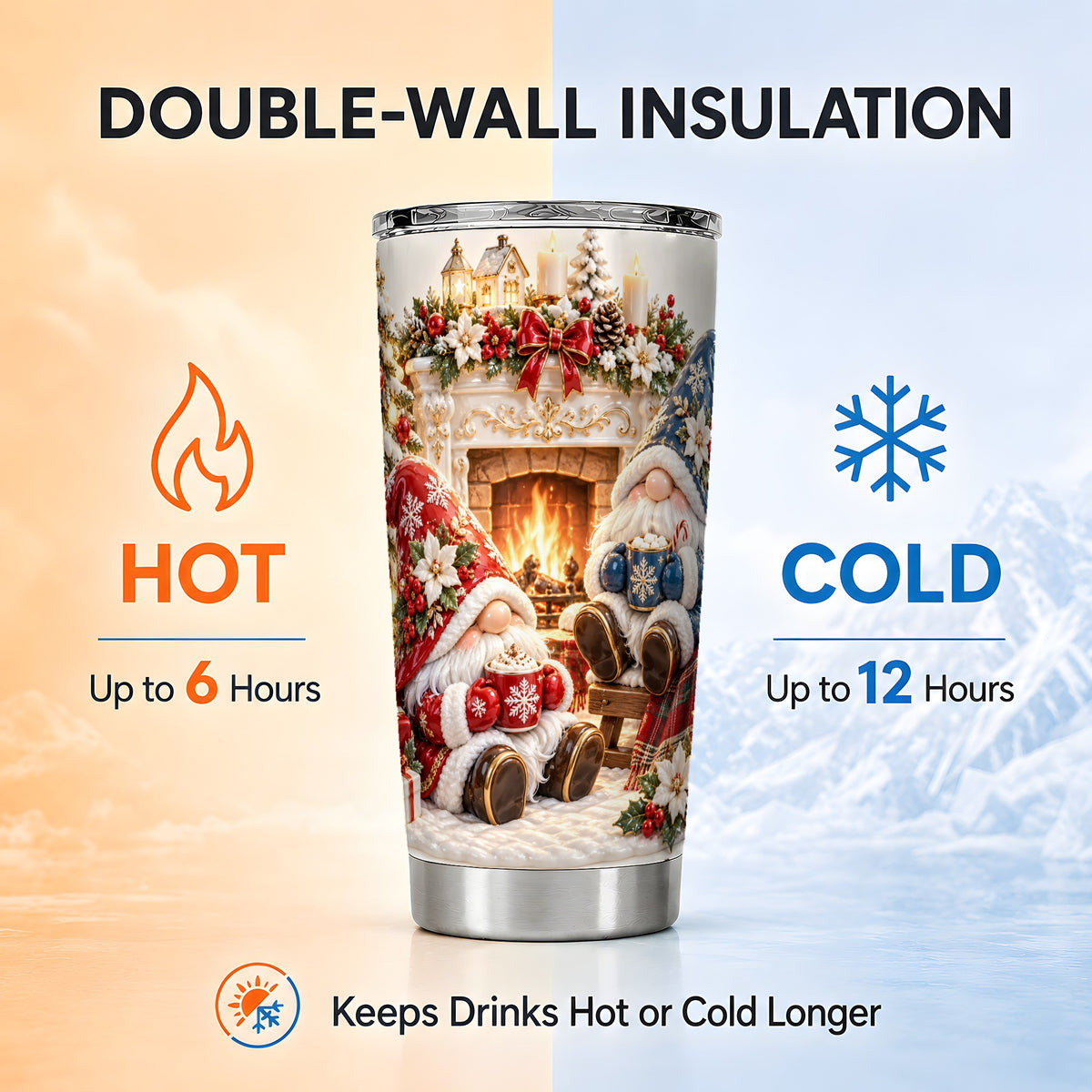Christmas Gnome Tumbler 20oz, Holiday Fireplace Stainless Steel Travel Cup