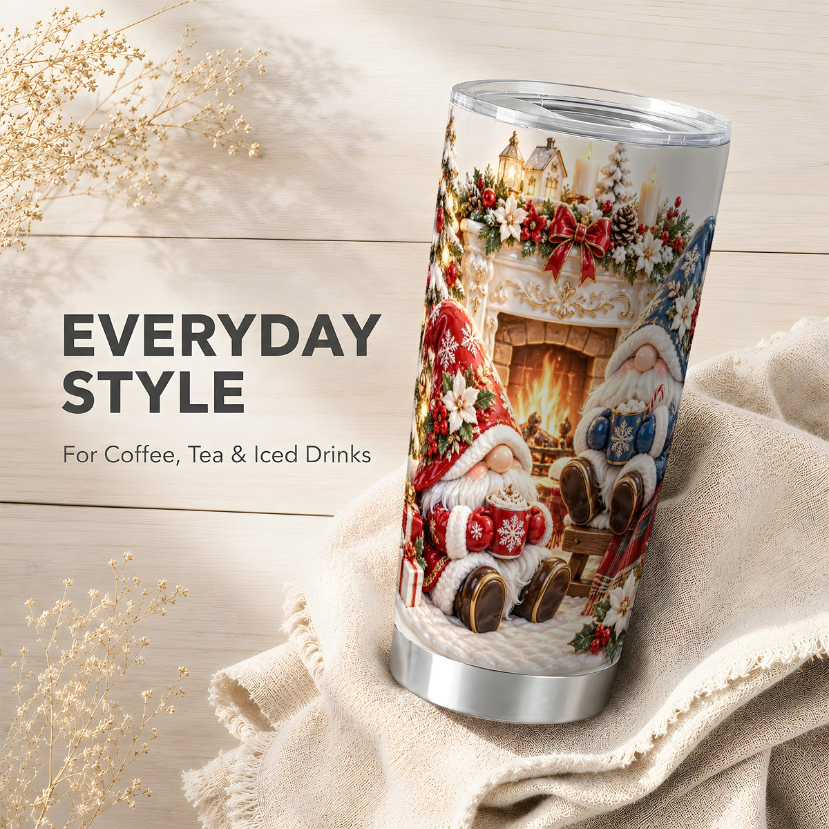 Christmas Gnome Tumbler 20oz, Holiday Fireplace Stainless Steel Travel Cup