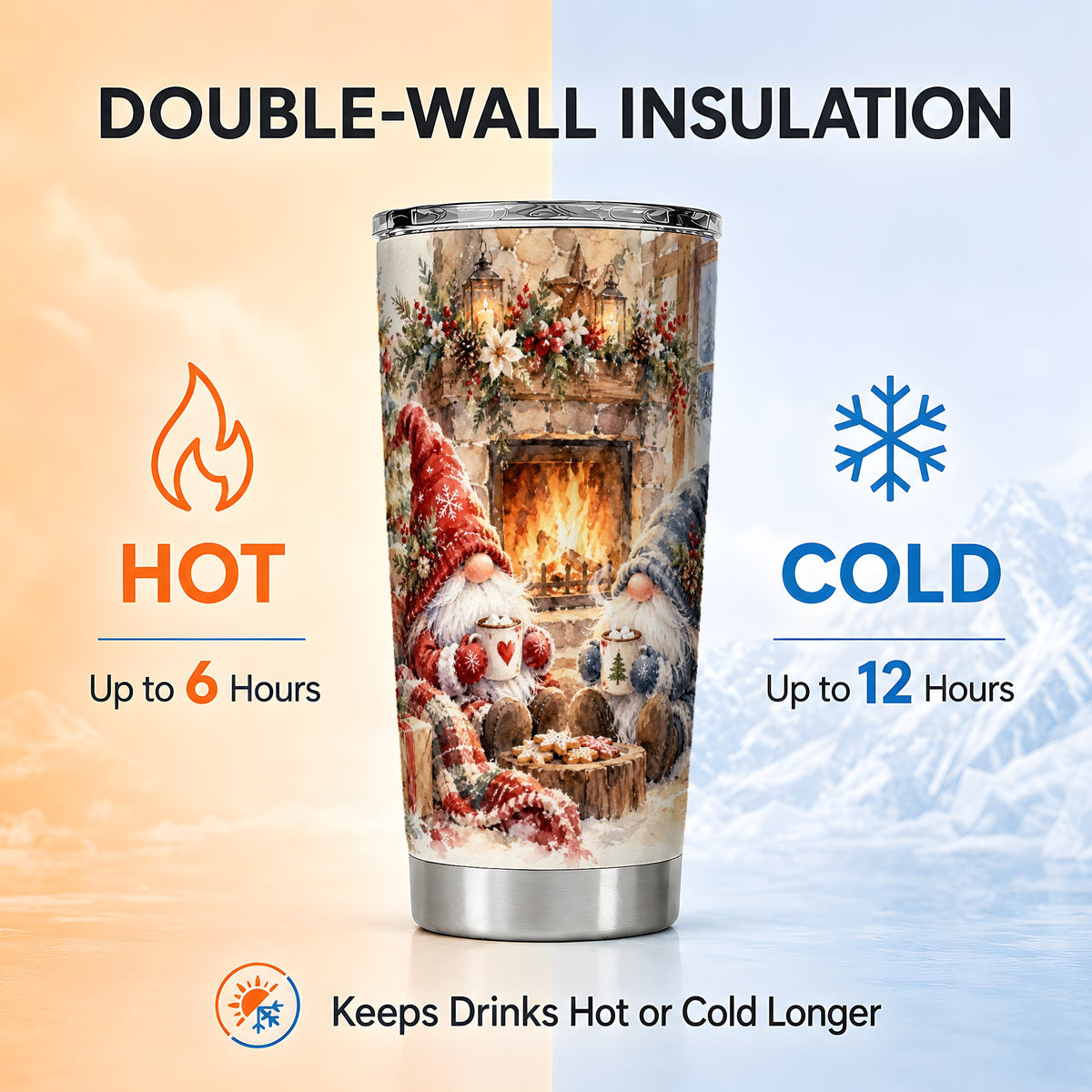 Watercolor Gnome Tumbler 20oz, Winter Tumbler, Stainless Steel Travel Cup