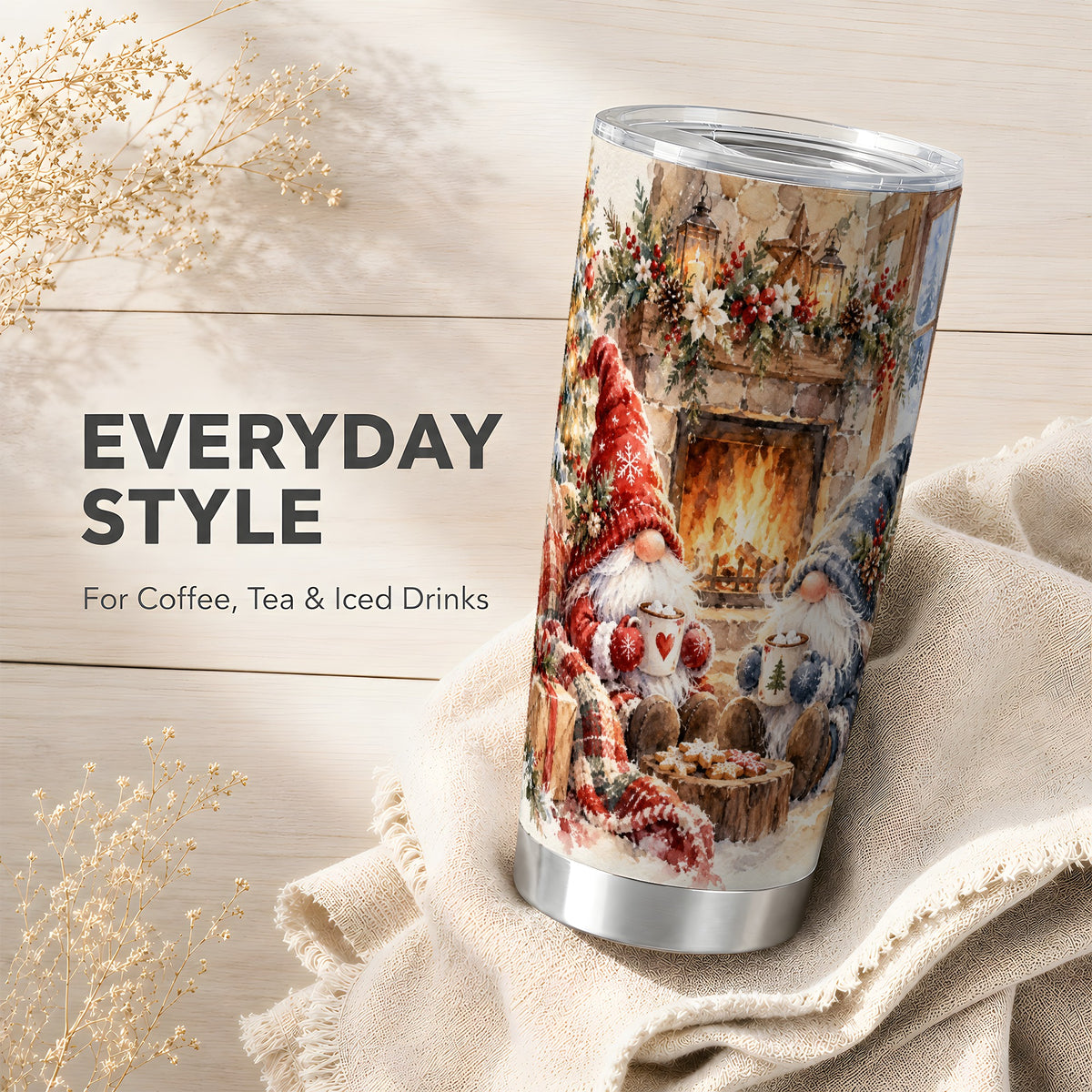 Watercolor Gnome Tumbler 20oz, Winter Tumbler, Stainless Steel Travel Cup