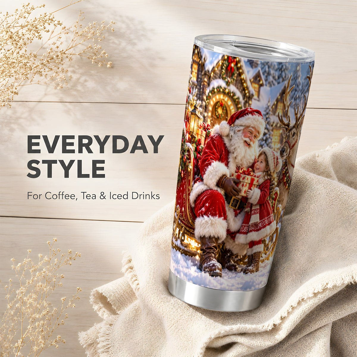 Santa Reindeer Tumbler 20oz, Christmas Tumbler, Stainless Steel Travel Cup