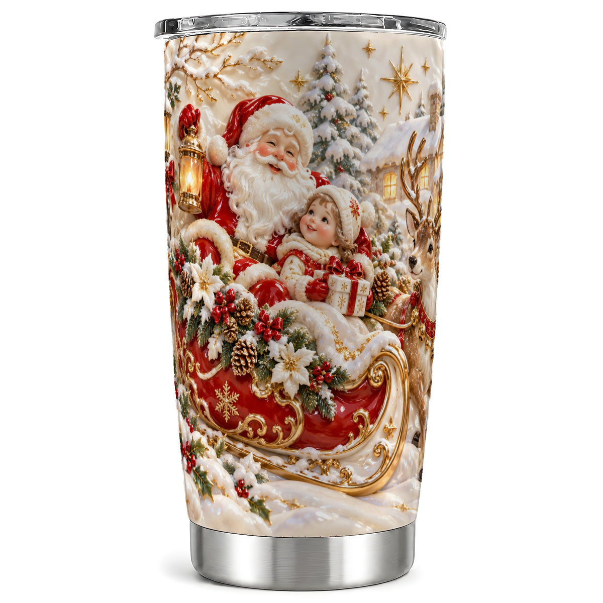Santa Reindeer Tumbler 20oz, Christmas Tumbler, Stainless Steel Travel Cup