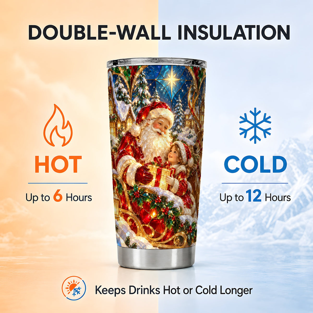 Santa Reindeer Tumbler 20oz, Holiday Tumbler, Stainless Steel Travel Cup