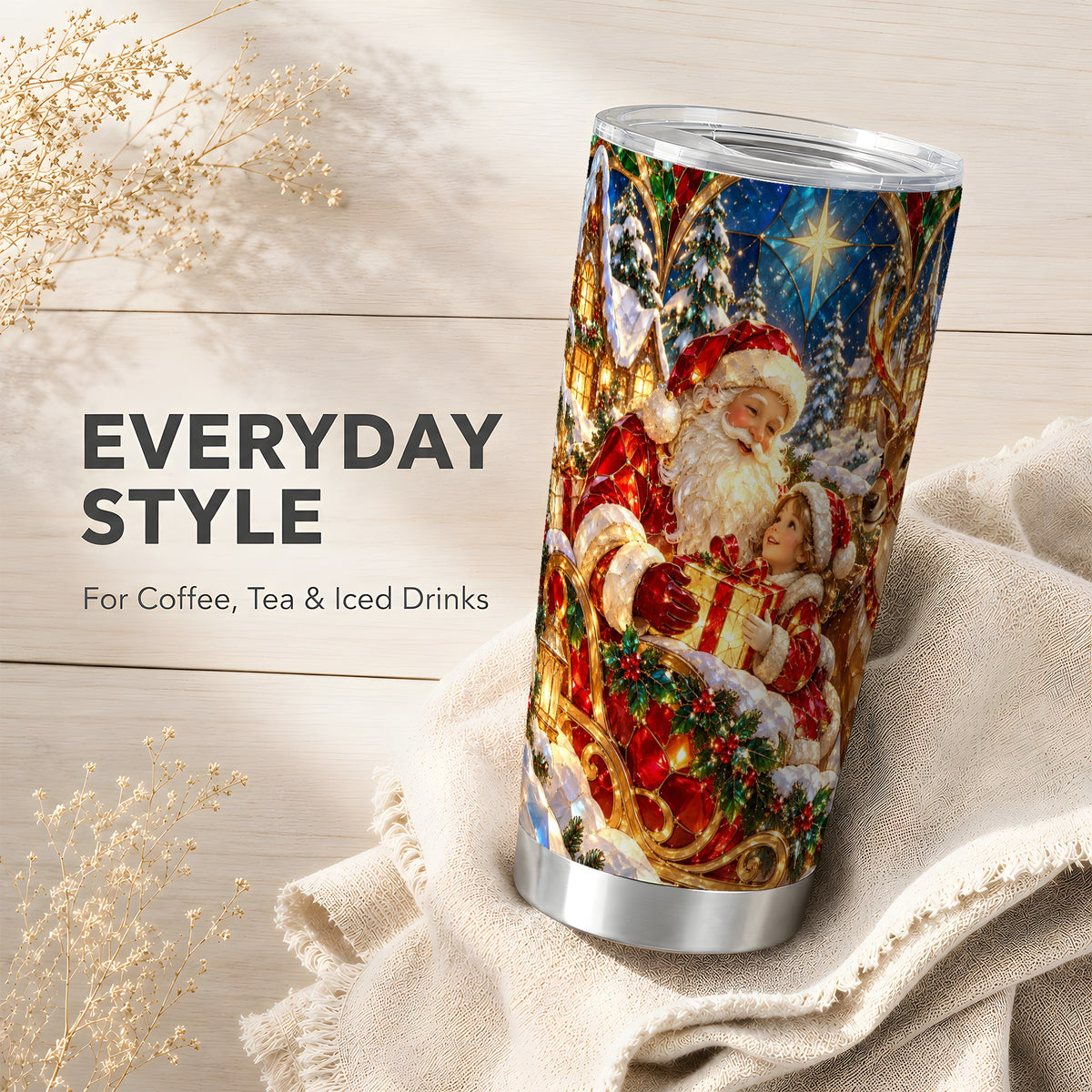 Santa Reindeer Tumbler 20oz, Holiday Tumbler, Stainless Steel Travel Cup