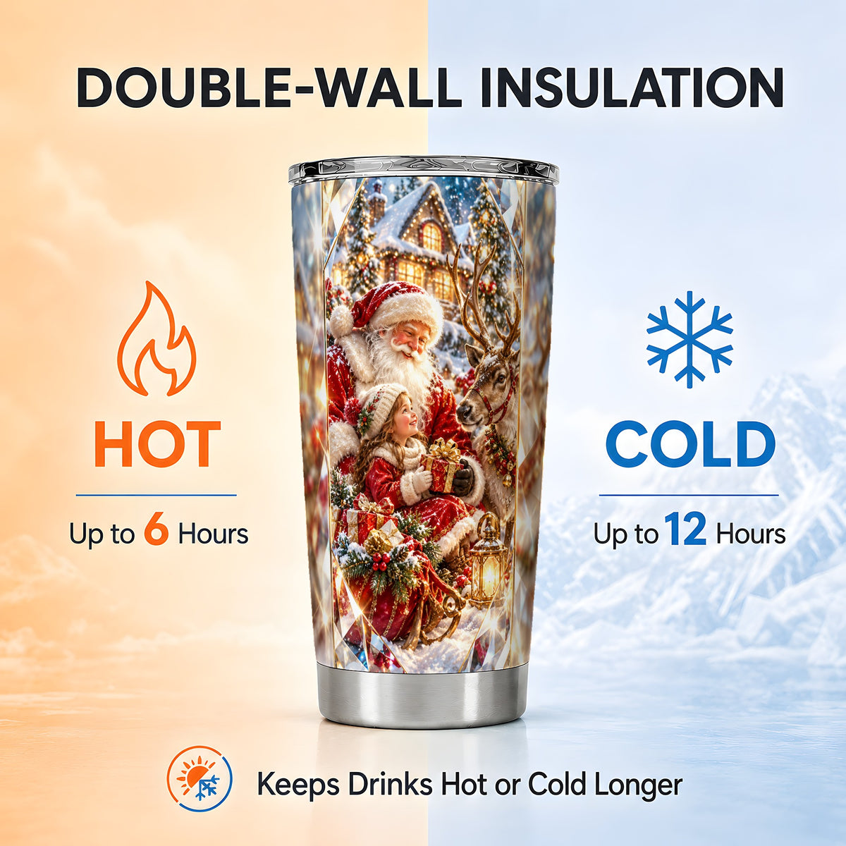 Santa Reindeer Tumbler 20oz, Winter Tumbler, Stainless Steel Travel Cup
