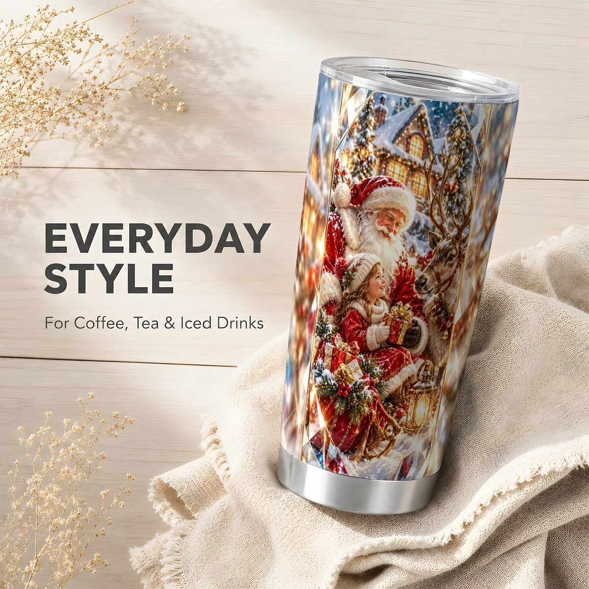 Santa Reindeer Tumbler 20oz, Winter Tumbler, Stainless Steel Travel Cup