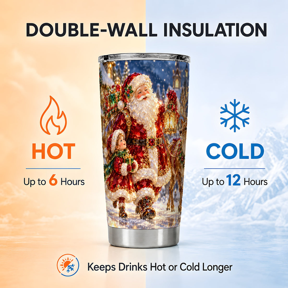 Santa Reindeer Tumbler 20oz, Holiday Tumbler, Stainless Steel Travel Cup