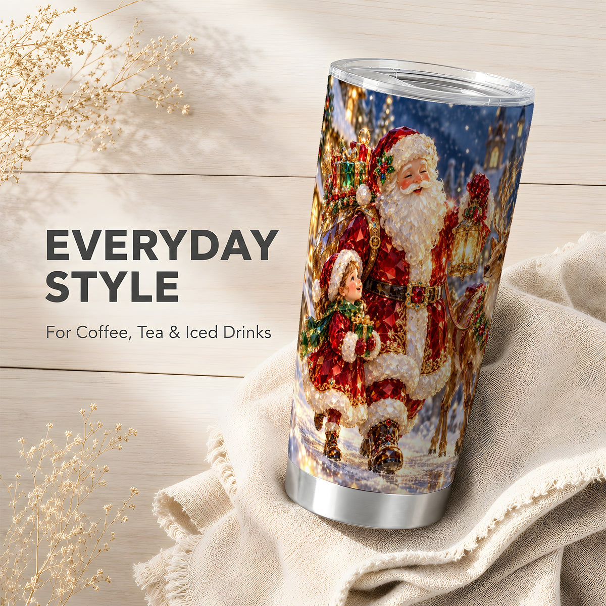 Santa Reindeer Tumbler 20oz, Holiday Tumbler, Stainless Steel Travel Cup