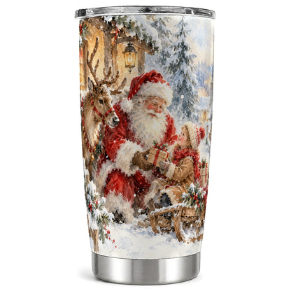 Santa Reindeer Tumbler 20oz, Watercolor Tumbler, Stainless Steel Travel Cup