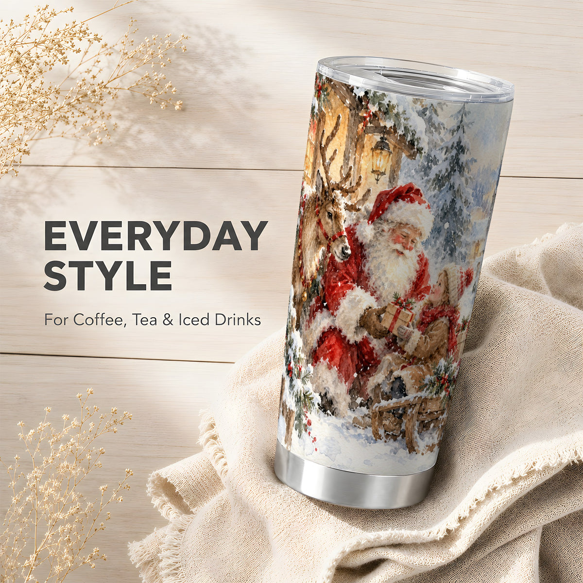 Santa Reindeer Tumbler 20oz, Watercolor Tumbler, Stainless Steel Travel Cup
