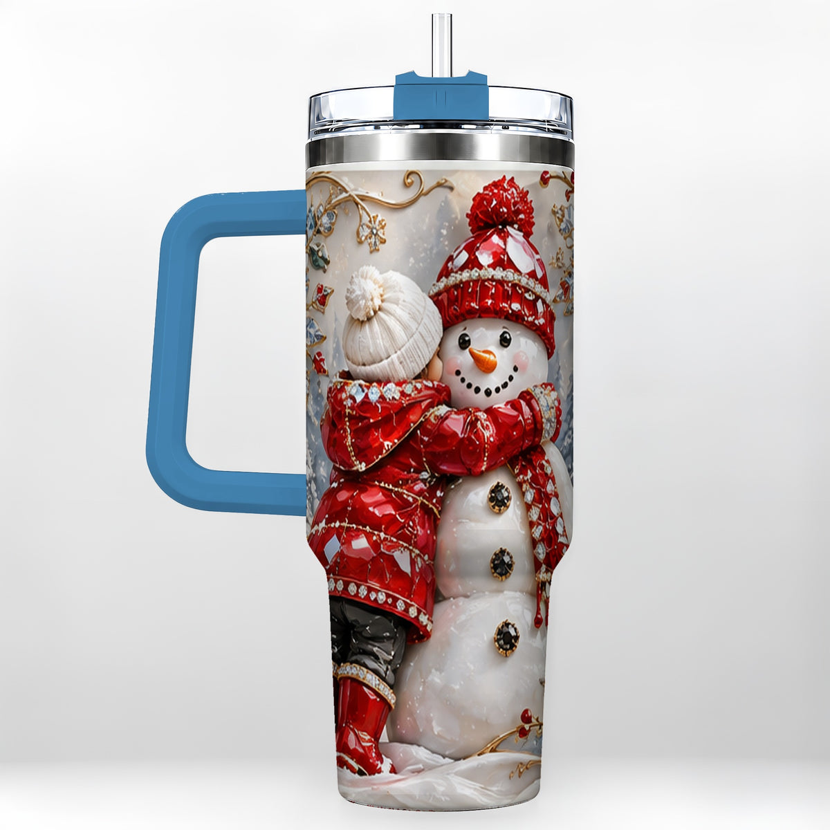 #pl[40oz|Blue] Snowman Hug Tumbler 40oz, Winter Tumbler, Stainless Steel Travel Cup