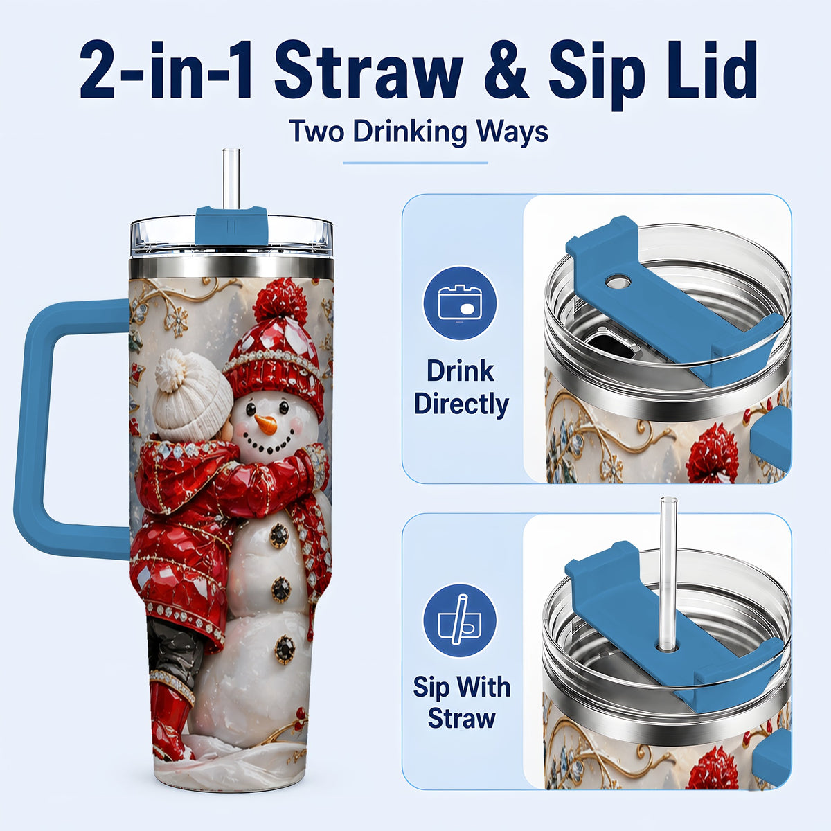 #pl[40oz|Blue] Snowman Hug Tumbler 40oz, Winter Tumbler, Stainless Steel Travel Cup