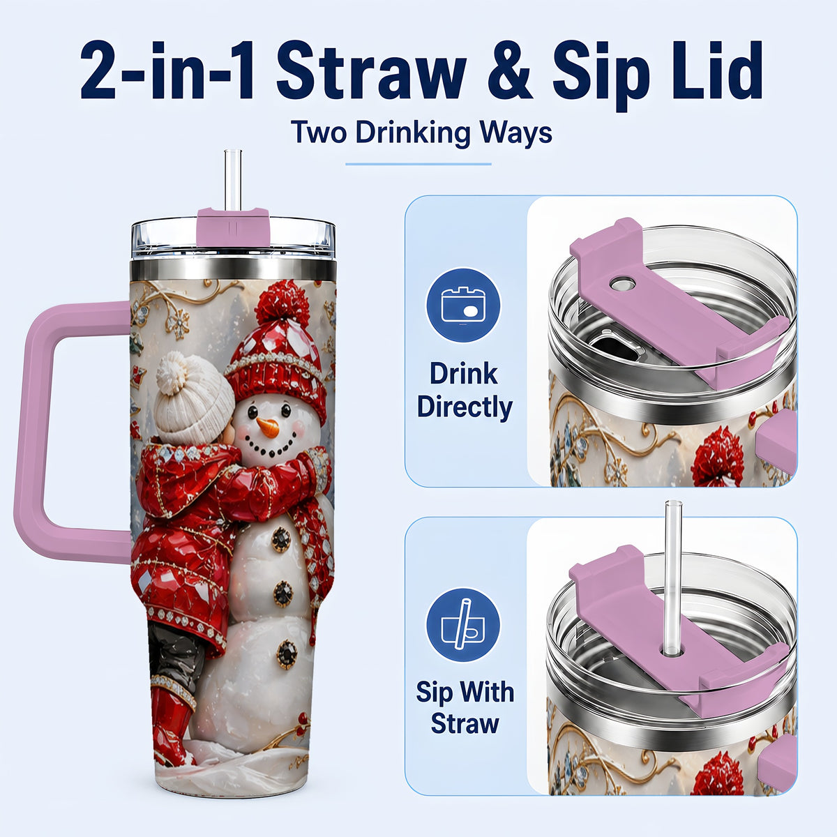 #pl[40oz|Pink] Snowman Hug Tumbler 40oz, Winter Tumbler, Stainless Steel Travel Cup