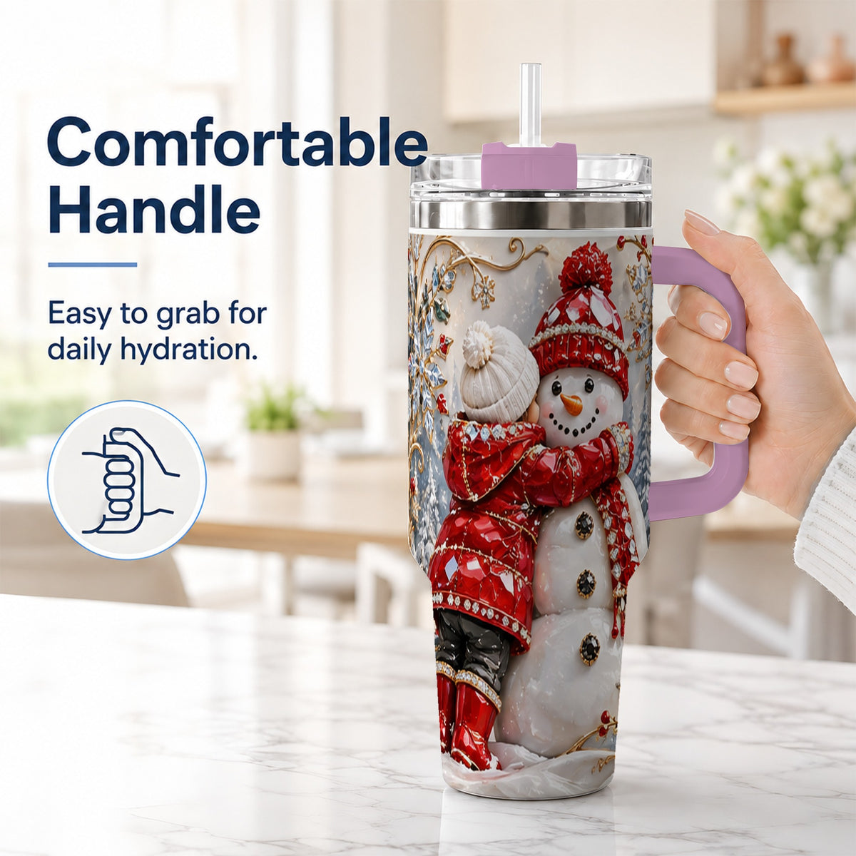 #pl[40oz|Pink] Snowman Hug Tumbler 40oz, Winter Tumbler, Stainless Steel Travel Cup