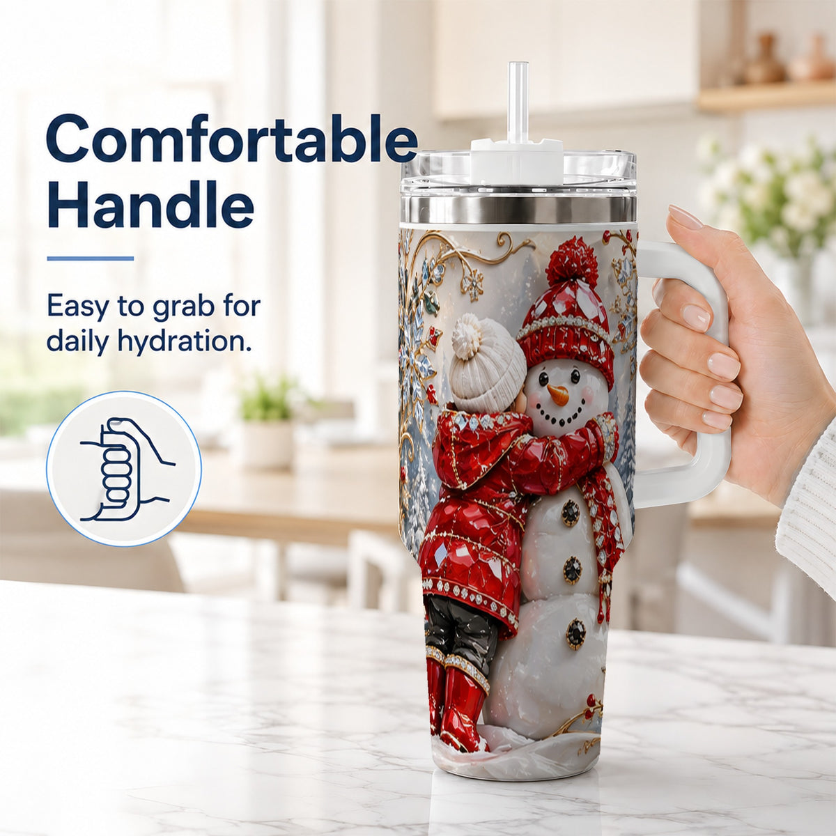 #pl[40oz|White] Snowman Hug Tumbler 40oz, Winter Tumbler, Stainless Steel Travel Cup