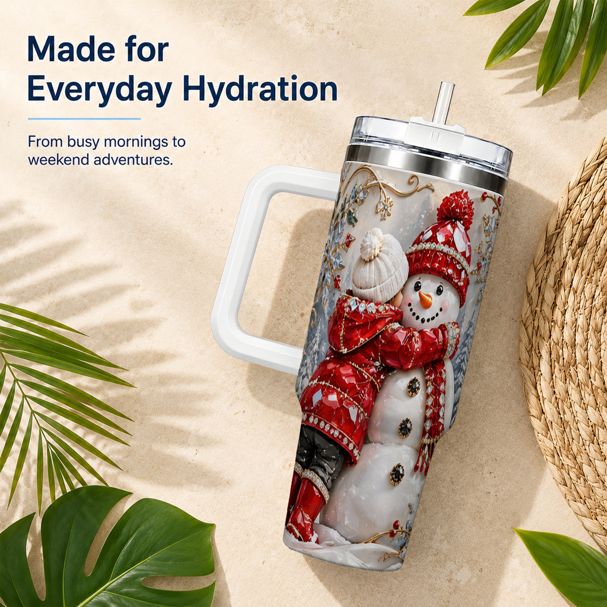 Snowman Hug Tumbler 40oz, Winter Tumbler, Stainless Steel Travel Cup