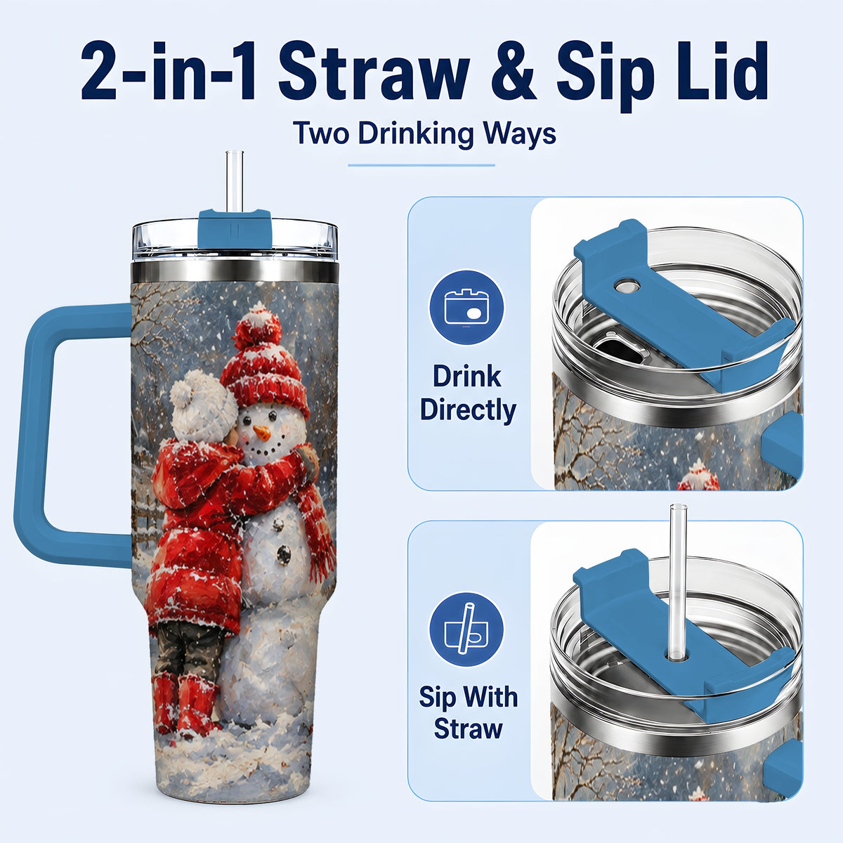 #pl[40oz|Blue] Snowman Hug Tumbler 40oz, Snowy Tumbler, Stainless Steel Travel Cup