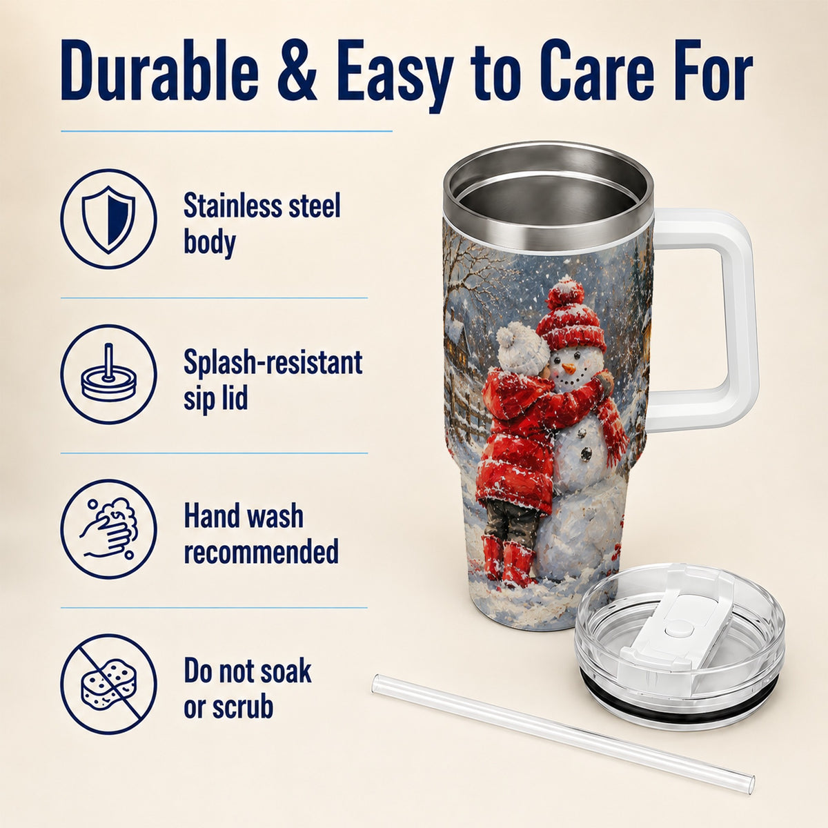 Snowman Hug Tumbler 40oz, Snowy Tumbler, Stainless Steel Travel Cup