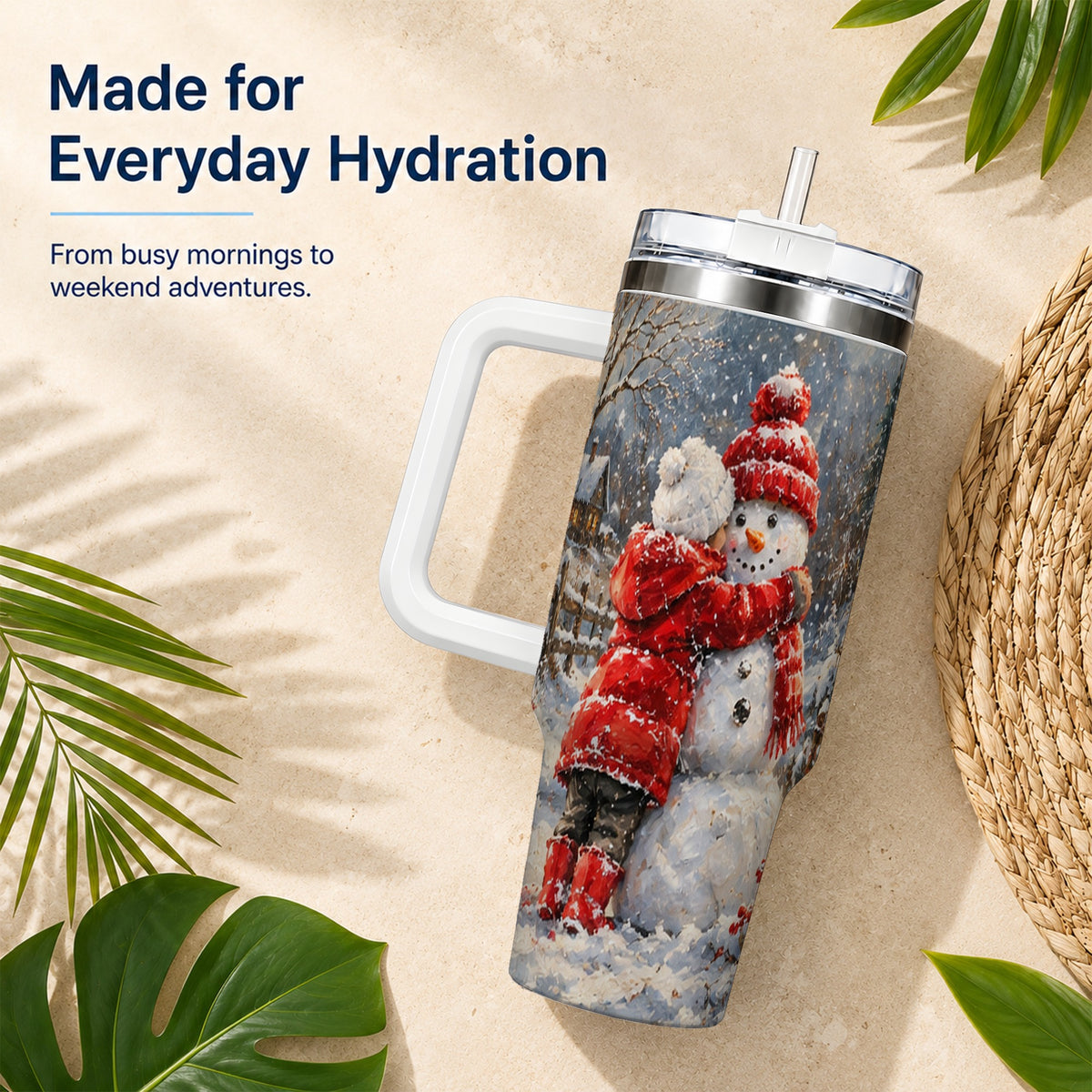 Snowman Hug Tumbler 40oz, Snowy Tumbler, Stainless Steel Travel Cup
