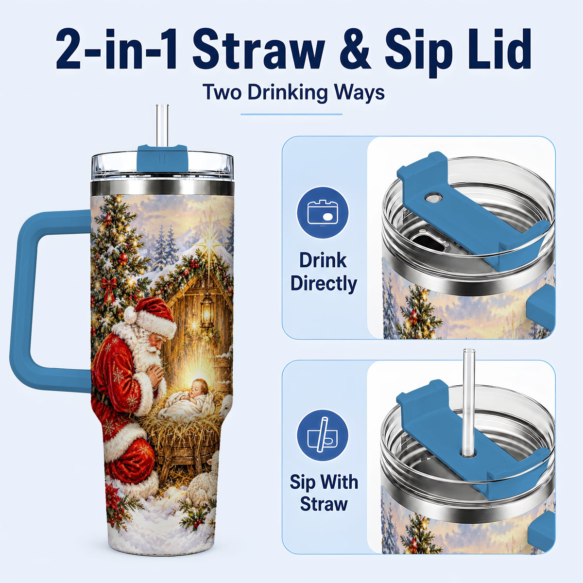 #pl[40oz|Blue] Christmas Manger Tumbler 40oz, Santa Tumbler, Stainless Steel Travel Cup