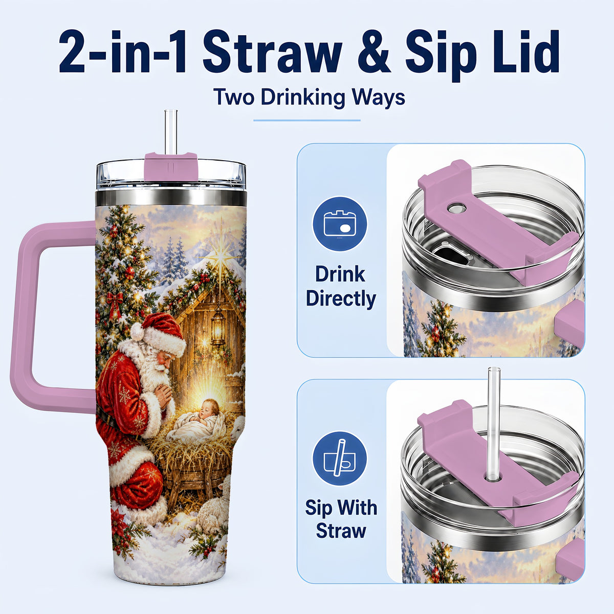 #pl[40oz|Pink] Christmas Manger Tumbler 40oz, Santa Tumbler, Stainless Steel Travel Cup