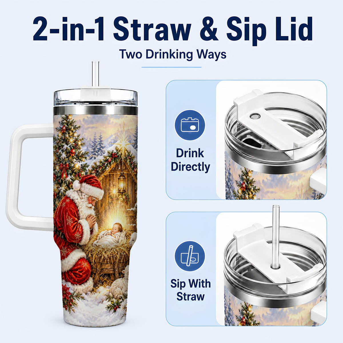 #pl[40oz|White] Christmas Manger Tumbler 40oz, Santa Tumbler, Stainless Steel Travel Cup
