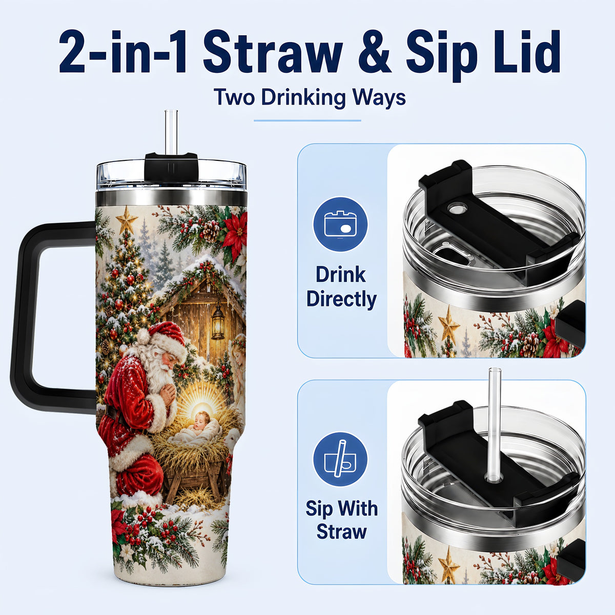 #pl[40oz|Black] Christmas Manger Tumbler 40oz, Santa Tumbler, Stainless Steel Travel Cup