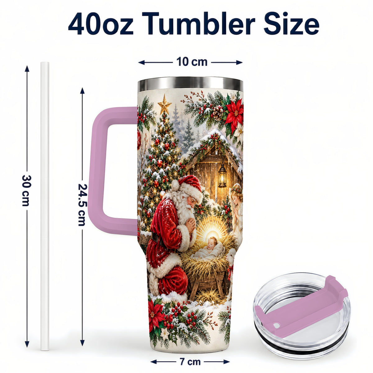 #pl[40oz|Pink] Christmas Manger Tumbler 40oz, Santa Tumbler, Stainless Steel Travel Cup