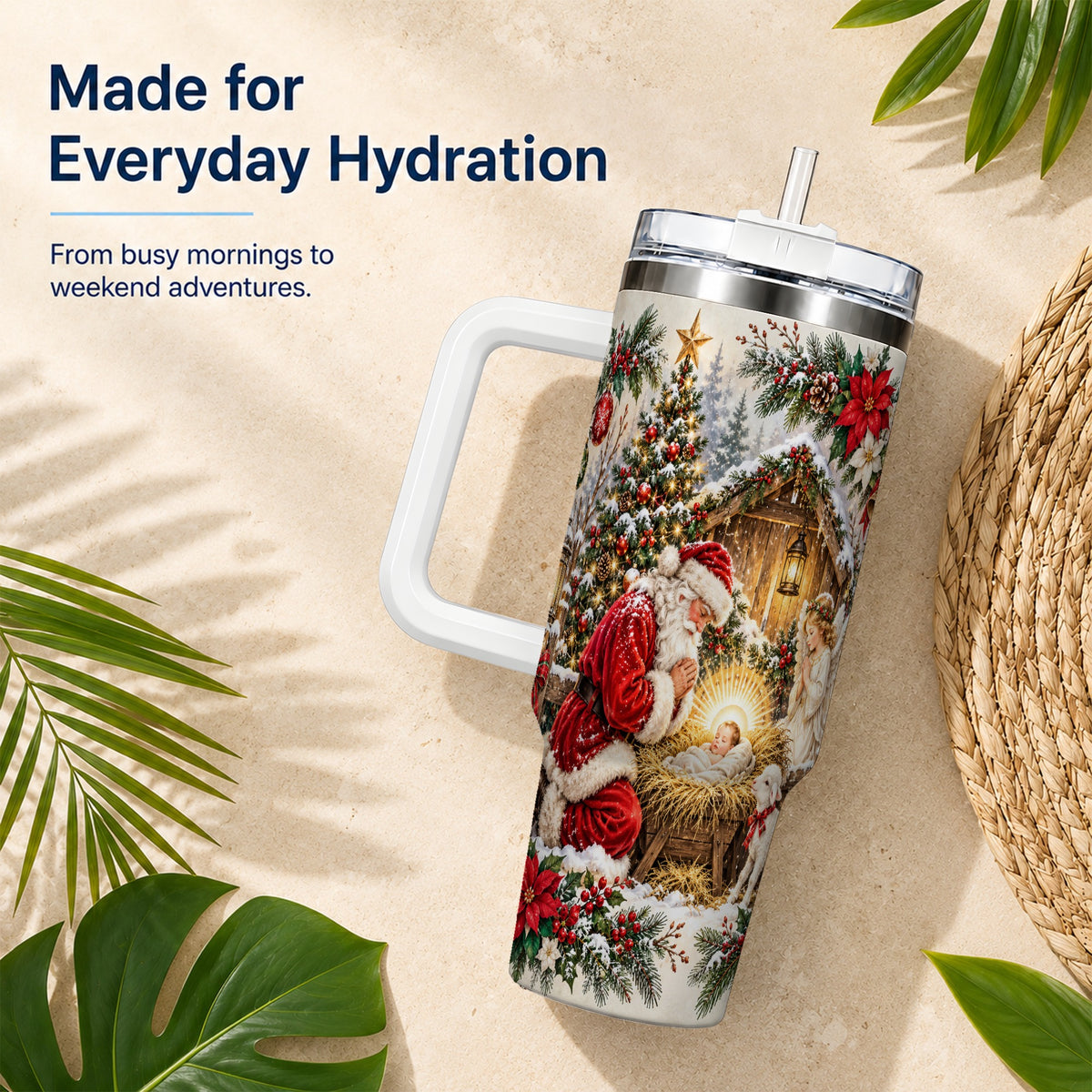 Christmas Manger Tumbler 40oz, Santa Tumbler, Stainless Steel Travel Cup