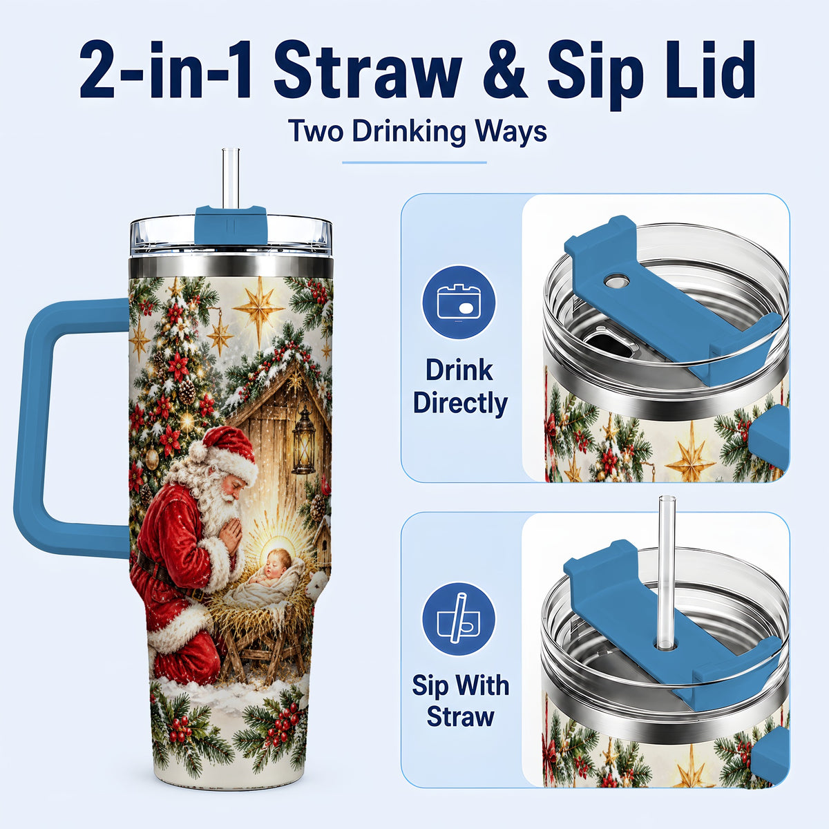 #pl[40oz|Blue] Christmas Manger Tumbler 40oz, Santa Tumbler, Stainless Steel Travel Cup