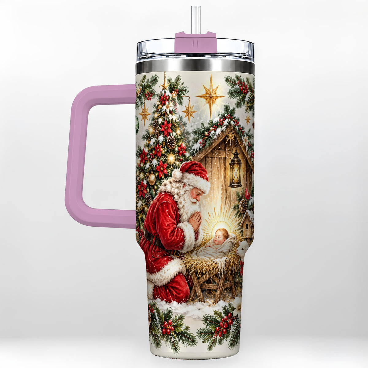 #pl[40oz|Pink] Christmas Manger Tumbler 40oz, Santa Tumbler, Stainless Steel Travel Cup