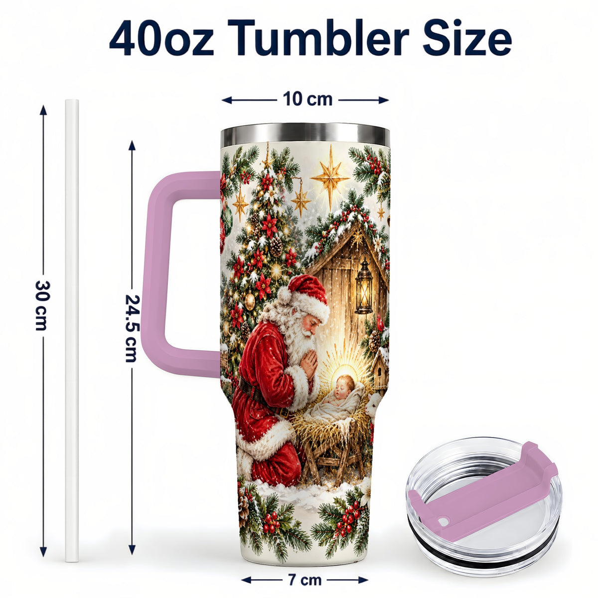 #pl[40oz|Pink] Christmas Manger Tumbler 40oz, Santa Tumbler, Stainless Steel Travel Cup