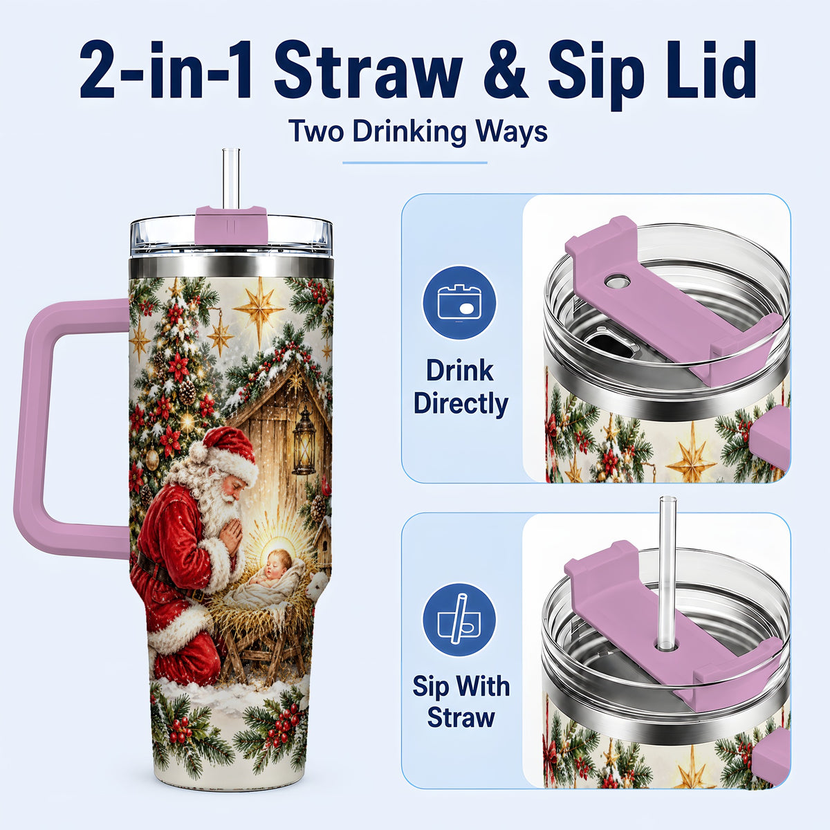 #pl[40oz|Pink] Christmas Manger Tumbler 40oz, Santa Tumbler, Stainless Steel Travel Cup