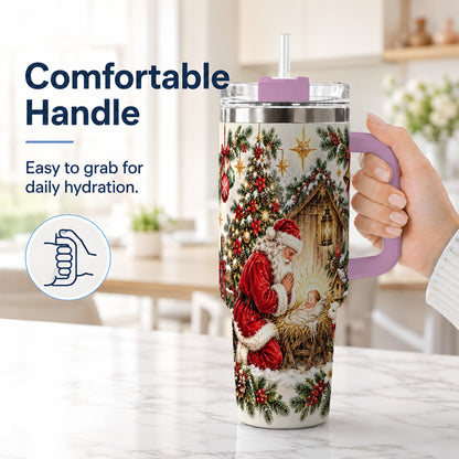 #pl[40oz|Pink] Christmas Manger Tumbler 40oz, Santa Tumbler, Stainless Steel Travel Cup