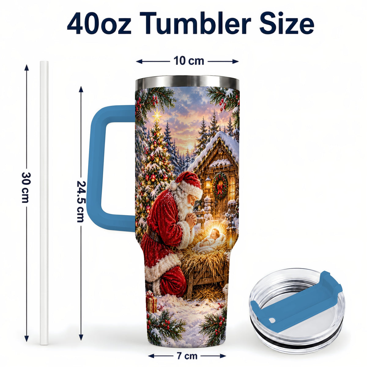 #pl[40oz|Blue] Snowy Santa 40oz Tumbler, Christmas Scene Stainless Steel Travel Cup