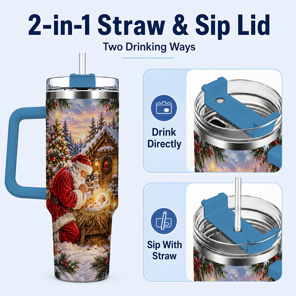 #pl[40oz|Blue] Snowy Santa 40oz Tumbler, Christmas Scene Stainless Steel Travel Cup