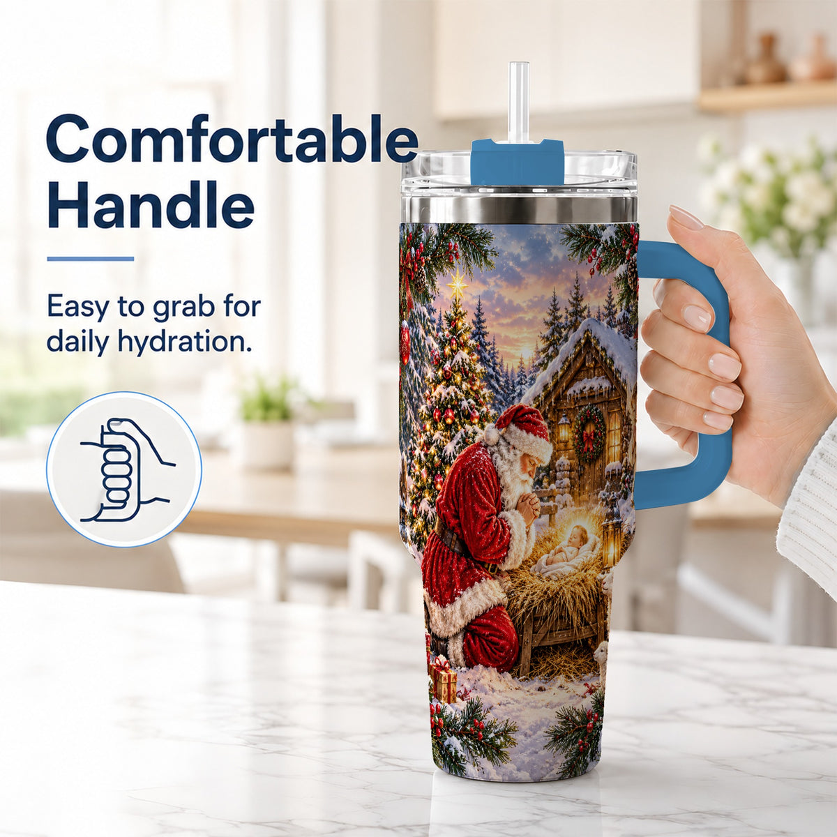 #pl[40oz|Blue] Snowy Santa 40oz Tumbler, Christmas Scene Stainless Steel Travel Cup