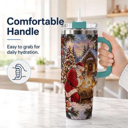 #pl[40oz|Green] Snowy Santa 40oz Tumbler, Christmas Scene Stainless Steel Travel Cup