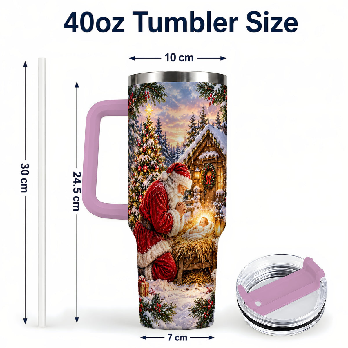 #pl[40oz|Pink] Snowy Santa 40oz Tumbler, Christmas Scene Stainless Steel Travel Cup