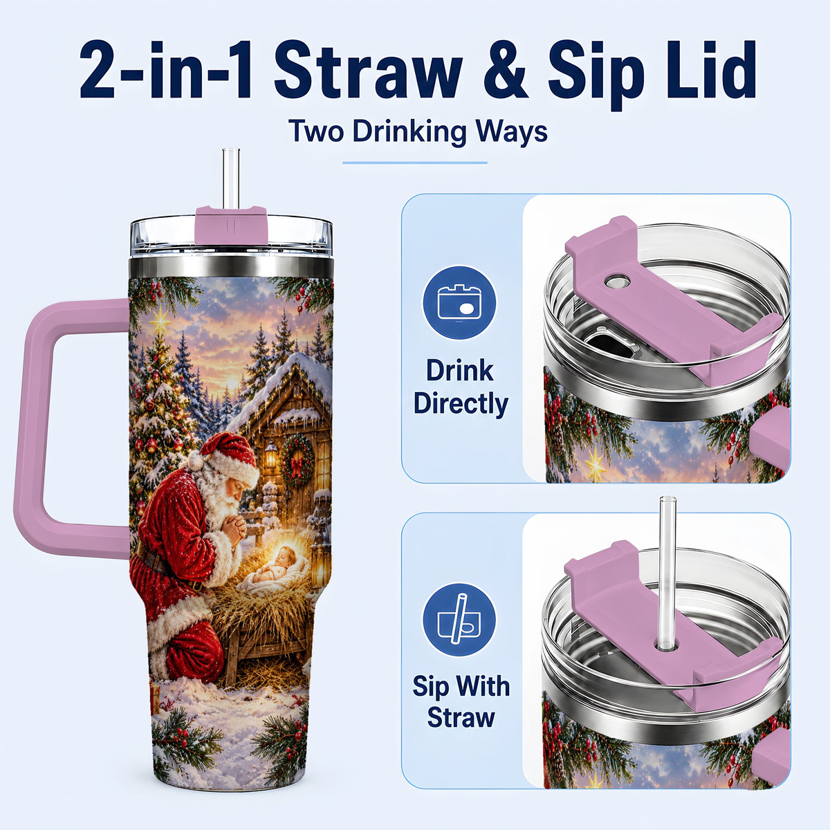 #pl[40oz|Pink] Snowy Santa 40oz Tumbler, Christmas Scene Stainless Steel Travel Cup